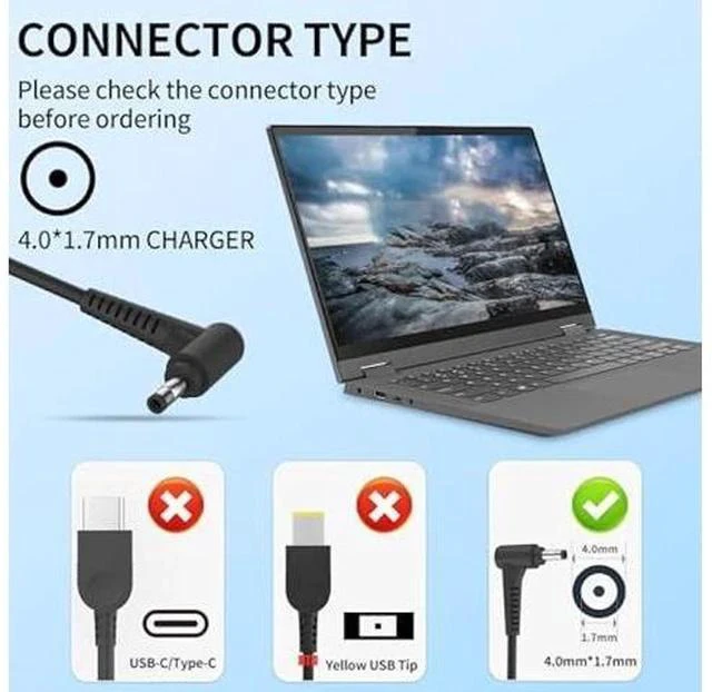 Alt view image 4 of 5 - 65W 45W Round 4.0 * 1.7mm Laptop Charger Compatible with Lenovo V15 V14 V17 Ideapad 1 3 5 Flex 4-1470 5 6 1470 1480 1570 Ideapad 100 110s 310 320 330 510 520 S145 S340 ADLX65CDGU2A Adapter Power Cord