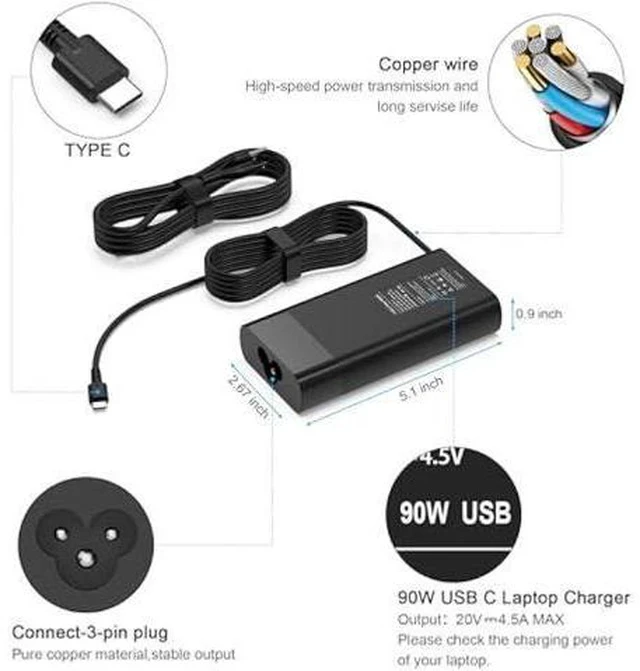 Alt view image 2 of 7 - New Slim 90W USB C Laptop Charger Compatible with HP Spectre x360 HP 904144-850 904082-003 adp-90fe 2ln85aa TPN-DA08 L45440-003 EliteBook 1040 G4 Hp 90w USB-c Type C AC Adapter Power Supply Cord