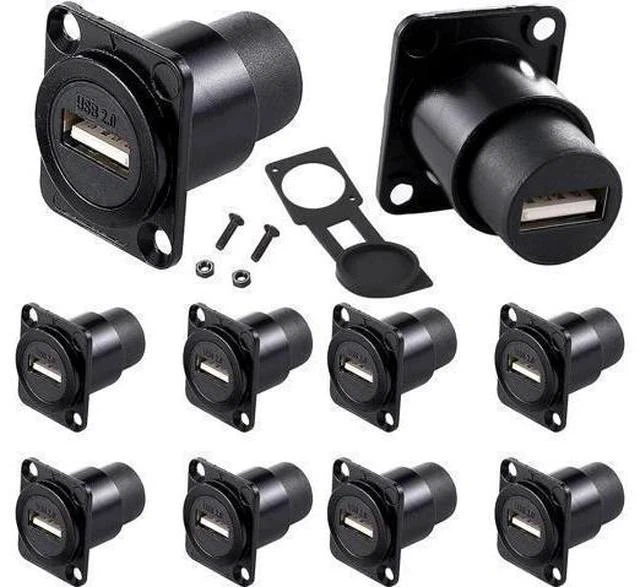 Main image of 10Pack D-Type USB 2.0 Panel Mount Connector, Solderless USB2.0 Female to Female Feed Thru Bulkhead Converter for Audio Video Network Industrial Equipment