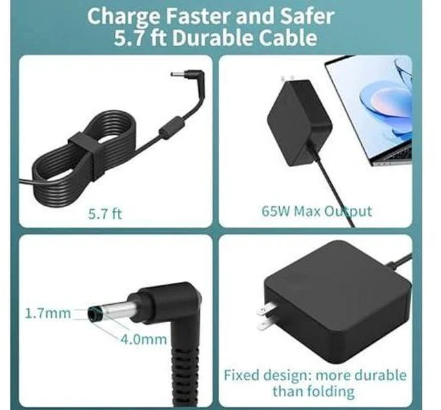 Alt view image 3 of 7 - Charger for Lenovo Laptop 65W/45W, Round Tip AC Adapter for IdeaPad 1/3/5, Slim 3/5/7, Flex/Pro Series, S/C Series, Fast Charging, Overheat Protection, Longer Cable for Office, Travel, and Home Use