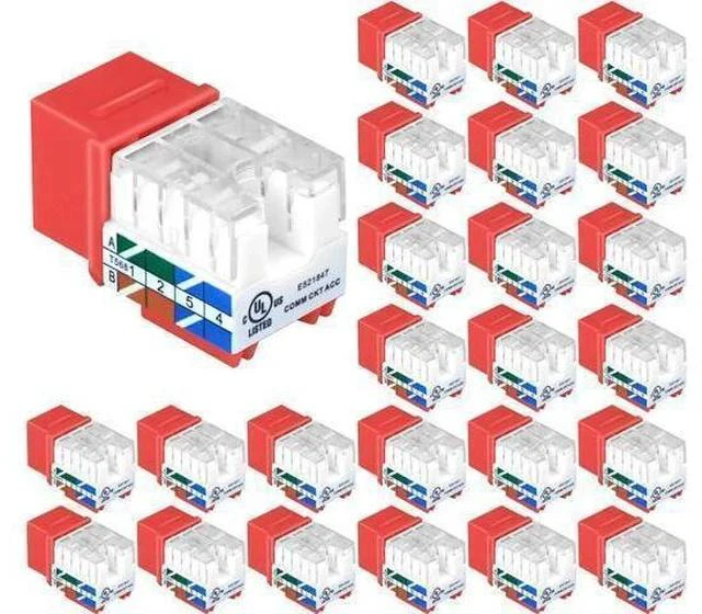 Main image of 25-Pack 90 Degree Cat6 RJ45 Keystone Jack, Punch Down Keystone Jack Adapter-Red UL Listed