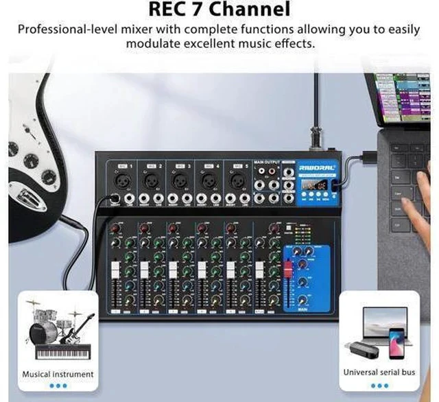 Alt view image 5 of 7 - 7 Channel Audio Interface USB Audio Mixer Sound Board Mixing Console Built In Bluetooth MP3 Computer Input +48V Phantom Power Mixer Audio For Karaoke Dj Stage Streaming Studio