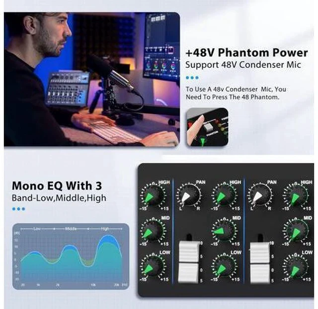 Alt view image 6 of 7 - 7 Channel Audio Interface USB Audio Mixer Sound Board Mixing Console Built In Bluetooth MP3 Computer Input +48V Phantom Power Mixer Audio For Karaoke Dj Stage Streaming Studio