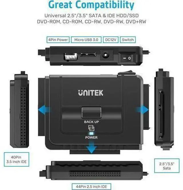 Alt view image 3 of 6 - USB 3.0 to IDE and SATA Converter External Hard Drive Adapter Kit for Universal 2.5/3.5 HDD/SSD Hard Drive Disk One Touch Backup Function Included 12V/2A Power Adapter
