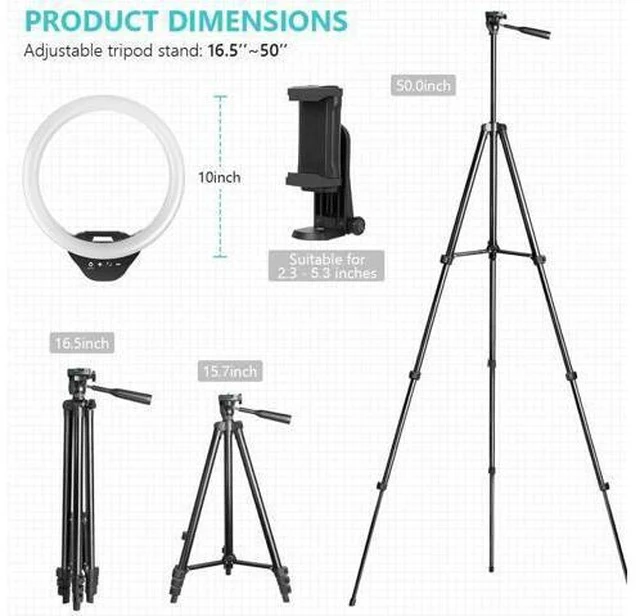 Alt view image 6 of 7 - Sensyne 10'' Ring Light with 50'' Extendable Tripod Stand, LED Circle Lights with Phone Holder for Live Stream/Makeup/YouTube Video/TikTok, Compatible with All Phones