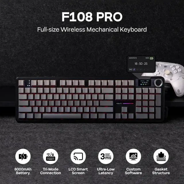 Alt view image 2 of 7 - X Aula F108 PRO Wireless Gaming Keyboard with Screen+Cream Marble 47gf Gaming Keyboard Switches
