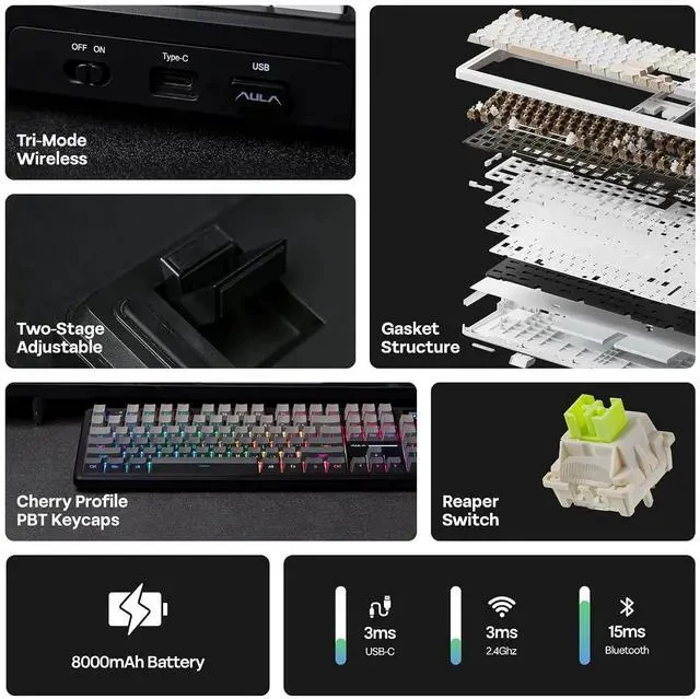 Alt view image 3 of 7 - X Aula F108 PRO Wireless Gaming Keyboard with Screen+Cream Marble 47gf Gaming Keyboard Switches