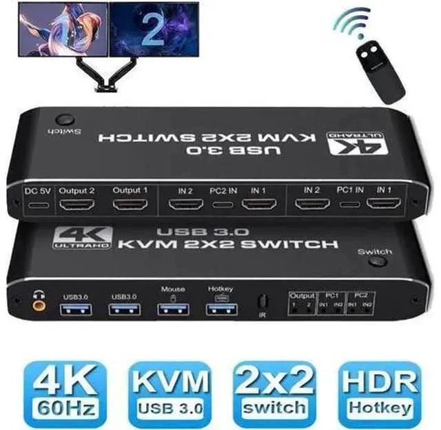 Main image of Dual Monitor HDMI USB 3.0 KVM Switch, 2x2 USB3.0 HDMI KVM Switch, 2 in 2 Out 4K @60Hz HDMI KVM Switcher 2x2 Mixed Display 2 Monitors 2 Computer for PC laptop