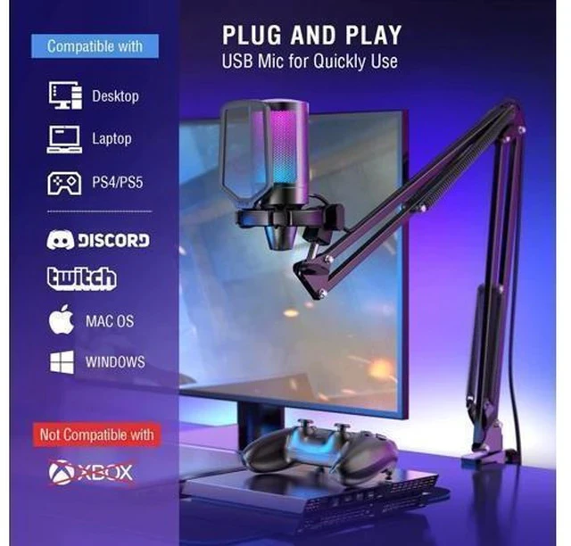 Alt view image 6 of 7 - Streaming Gaming USB Microphone Kit, PC Condenser RGB Mic on PS4/PS5, Plug and Play for Music Recording, Online Game, Discord, Twitch, with Pop Filter, Shock Mount-A6T Black