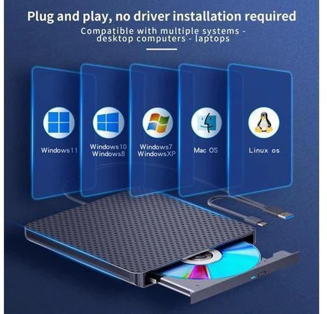 Alt view image 3 of 5 - External Compatible with Bluray Player Read and Write Portable Burner Compatible with USB 3.0 and Type-C Port/Win 7-11/MAC OS Compatible for Reading BD/DVD/CD Comes withone-Year Warranty