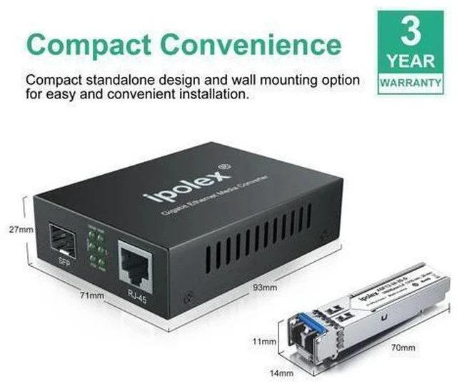 Alt view image 2 of 5 - ipolex Gigabit Single-Mode LC Fiber to Ethernet Media Converter with SFP LX Module, 1.25G SFP Fiber to Copper RJ45, 1000Base-LX to 10/100/1000Base-TX, 1310nm, SMF, Transmission up to 20-KM