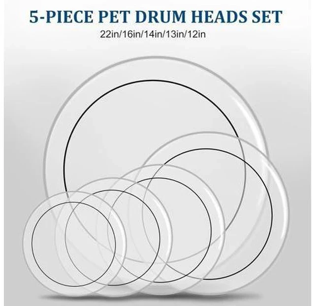 Alt view image 5 of 7 - 5 Pieces Drum Heads, 12" 13" 14" 16" 22" PET Drum Head Kit, Standard Drumhead Pack Fit for Rock & Metal - Clear