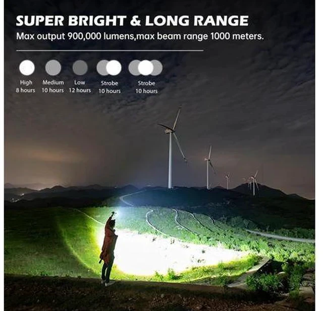 Alt view image 2 of 7 - BERCOL Rechargeable LED Flashlights High Lumens, Super Bright 900,000 Lumens Flashlight with 5 Modes & Waterproof, Powerful 10000mAh High Capacity Flash Light for Camping Emergencies - 2 Pack