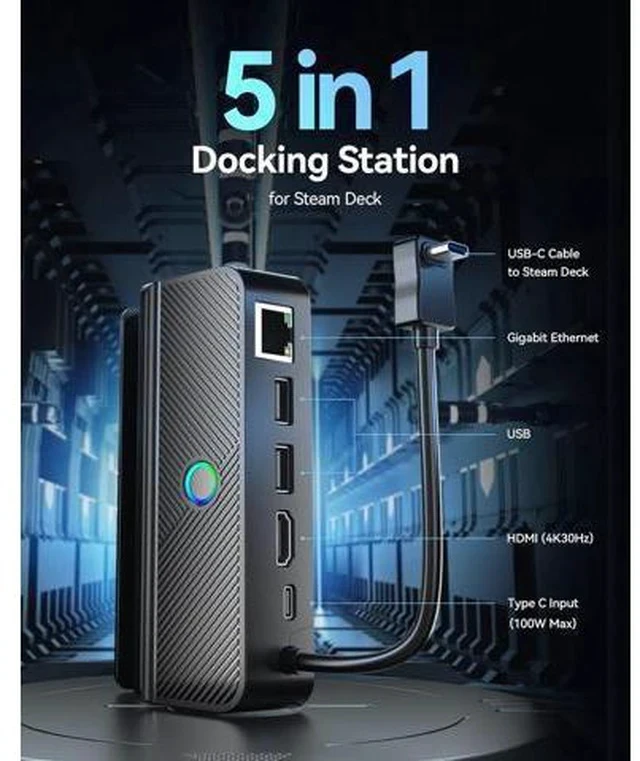 Alt view image 2 of 7 - Steam Deck Dock with LED Light, 5-in-1 Steam Dock with Gigabit Ethernet, HD 2.0, 2 USB-A, 100W Full Speed Charging Port, Docking Station for Steam Deck Accessories