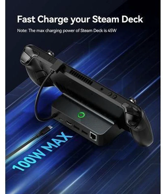 Alt view image 6 of 7 - Steam Deck Dock with LED Light, 5-in-1 Steam Dock with Gigabit Ethernet, HD 2.0, 2 USB-A, 100W Full Speed Charging Port, Docking Station for Steam Deck Accessories