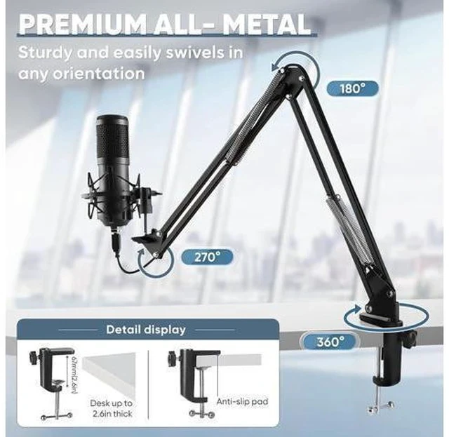 Alt view image 4 of 7 - USB Microphone, Professional 192kHz/24Bit Plug & Play PC Computer Condenser Cardioid Mic Kit with Sound Advanced Chipset, for Streaming, Podcast, Studio Recording and Games