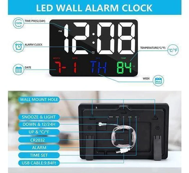Alt view image 6 of 7 - Amgico Digital Wall Clock,11.4" Digital Clock Large Display, Adjustable Brightness Wall Clock for Bedroom, Alarm Clock with Remote Control,12/24H,Calendar,Snooze,Home,Office,Elderly