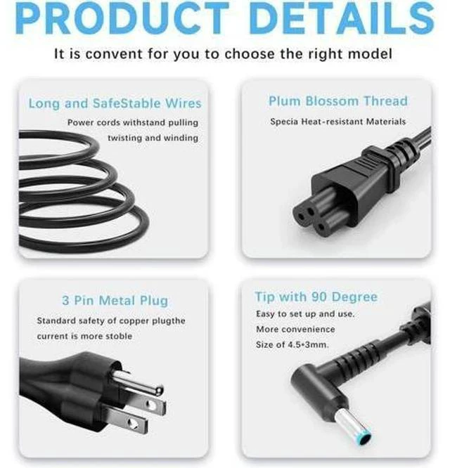 Alt view image 5 of 6 - 65W Laptop Charger Compatible with HP Pavilion x360 14 15 17 Envy 13 15 X360 Elitebook 840 G5 Zbook 14u G4 G5 15u 15 G3 ProBook Chromebook Spectre 19.5V 3.33A Adapter Power Cord Blue Tip
