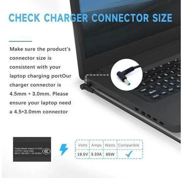 Alt view image 6 of 6 - 65W Laptop Charger Compatible with HP Pavilion x360 14 15 17 Envy 13 15 X360 Elitebook 840 G5 Zbook 14u G4 G5 15u 15 G3 ProBook Chromebook Spectre 19.5V 3.33A Adapter Power Cord Blue Tip