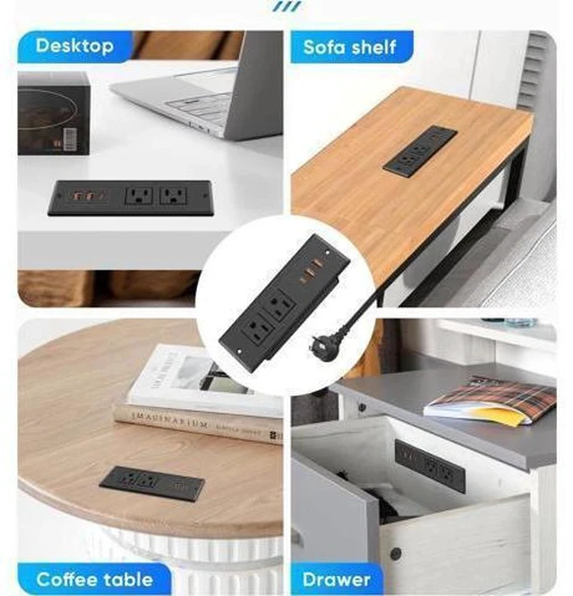Alt view image 6 of 7 - Recessed Power Strip, Flush Mounted Drawer Outlet with PD 20W Fast Charging USB-C Ports, Recessed Outlet for Conference Rooms, Office Tables, Furniture, 10FT Cord(ETL Listed)