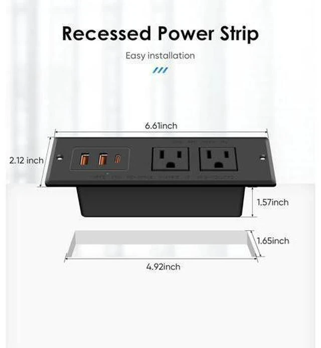 Alt view image 7 of 7 - Recessed Power Strip, Flush Mounted Drawer Outlet with PD 20W Fast Charging USB-C Ports, Recessed Outlet for Conference Rooms, Office Tables, Furniture, 10FT Cord(ETL Listed)
