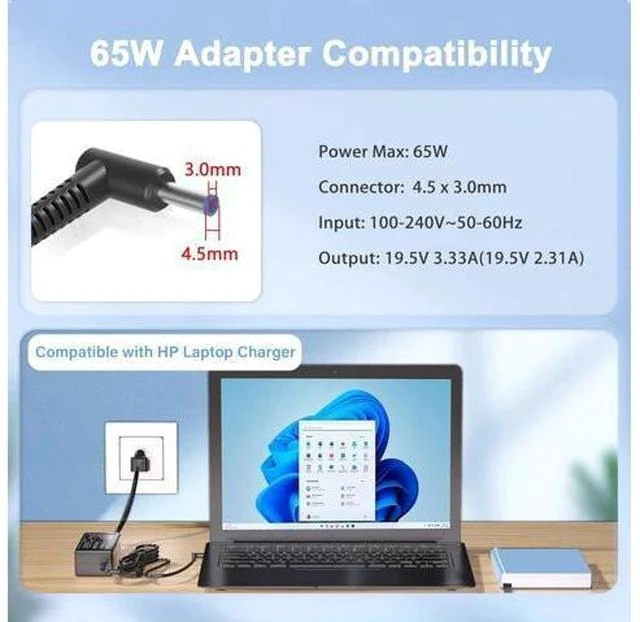 Alt view image 2 of 7 - 65W 19.5V 3.33A AC Adapter Charger Compatible with HP Pavilion x360 11 13 15 17 Envy X360 13 15 Zbook 14u G4 G5 15 G3 15-f111dx 15-f211wm 15-f233wm 15-f278nr 15-r052nr Laptop Power Cord Blue Tip