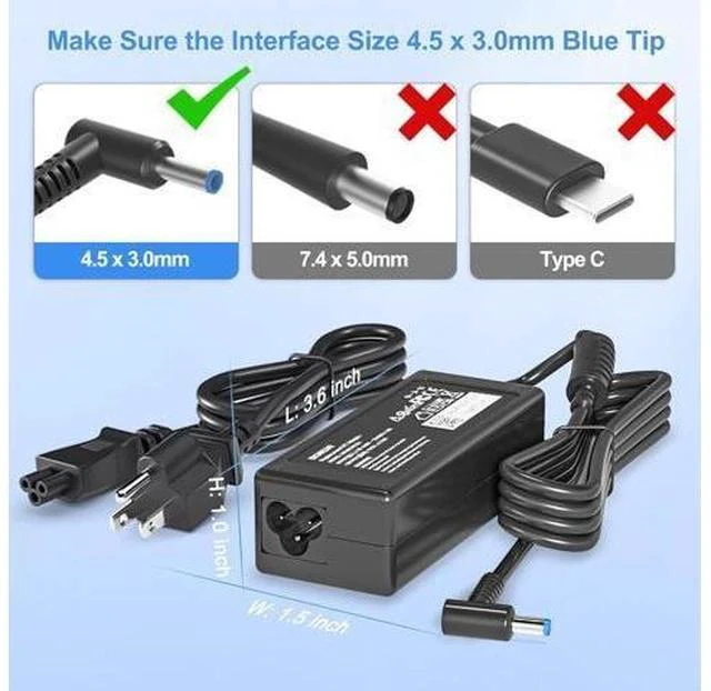 Alt view image 6 of 7 - 65W 19.5V 3.33A AC Adapter Charger Compatible with HP Pavilion x360 11 13 15 17 Envy X360 13 15 Zbook 14u G4 G5 15 G3 15-f111dx 15-f211wm 15-f233wm 15-f278nr 15-r052nr Laptop Power Cord Blue Tip