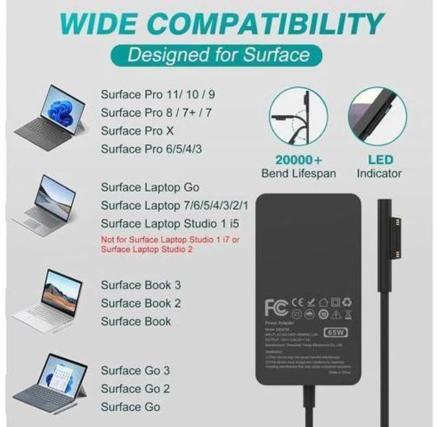Alt view image 2 of 6 - 65W Surface Pro Laptop Charger for Microsoft Surface Pro 10, 9, 8, 7+, 7, 6, 5, 4, 3, X, Windows Surface Laptop 6, 5, 4, 3, 2, 1, Surface Go Tablet, Surface Book 3, 2, 1, Support 44W, 36W, LED, 10FT