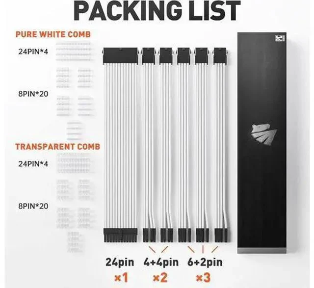 Alt view image 2 of 7 - AsiaHorse 16AWG Pro Power Supply Sleeved Cable, White Power Supply Extension Cable Dual EPS Kit, 1x24-PIN/ 2x8-PORT (4+4) M/B,3x8-PORT (6+2) PCI-E, 30cm Length with 2 Set of Combs