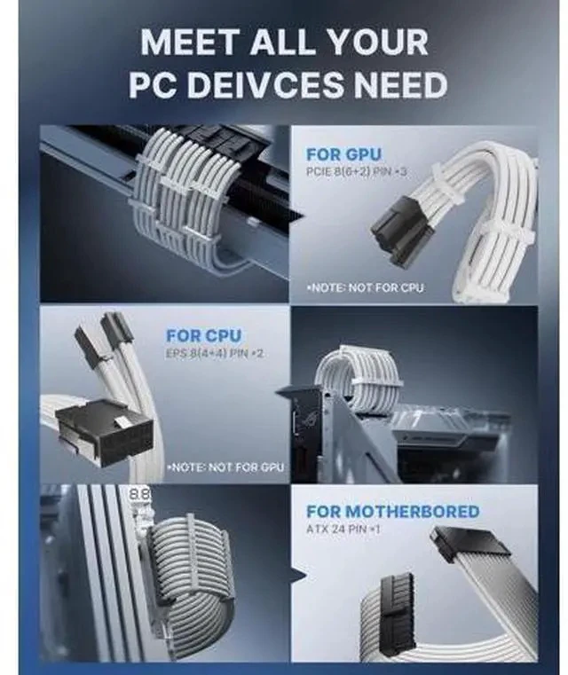 Alt view image 5 of 7 - AsiaHorse 16AWG Pro Power Supply Sleeved Cable, White Power Supply Extension Cable Dual EPS Kit, 1x24-PIN/ 2x8-PORT (4+4) M/B,3x8-PORT (6+2) PCI-E, 30cm Length with 2 Set of Combs