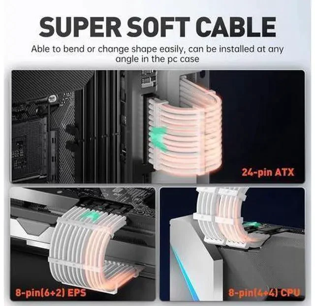 Alt view image 6 of 7 - AsiaHorse 16AWG Pro Power Supply Sleeved Cable, White Power Supply Extension Cable Dual EPS Kit, 1x24-PIN/ 2x8-PORT (4+4) M/B,3x8-PORT (6+2) PCI-E, 30cm Length with 2 Set of Combs