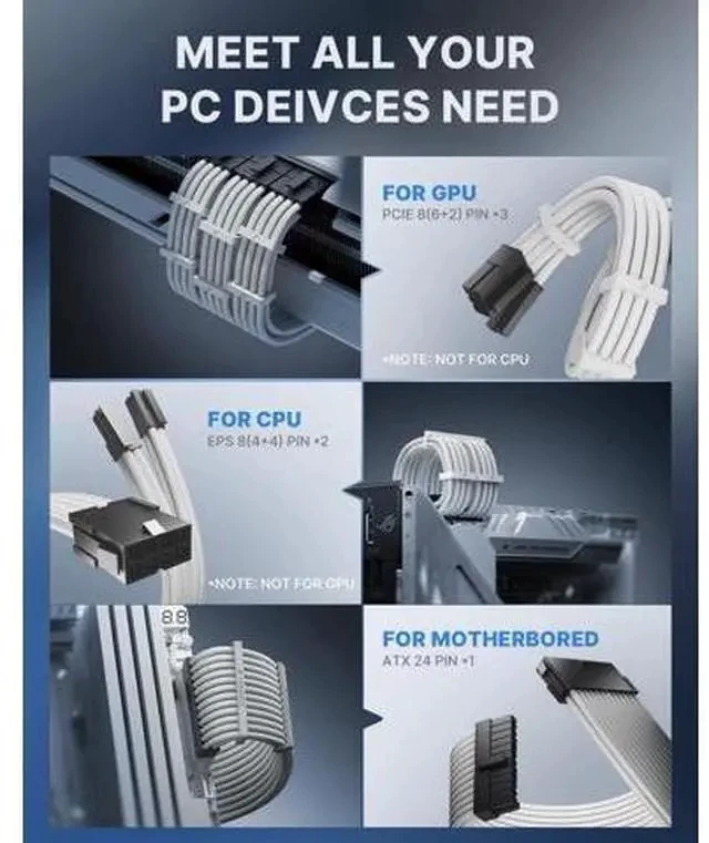 Alt view image 7 of 7 - AsiaHorse 16AWG Pro Power Supply Sleeved Cable, White Power Supply Extension Cable Dual EPS Kit, 1x24-PIN/ 2x8-PORT (4+4) M/B,3x8-PORT (6+2) PCI-E, 30cm Length with 2 Set of Combs