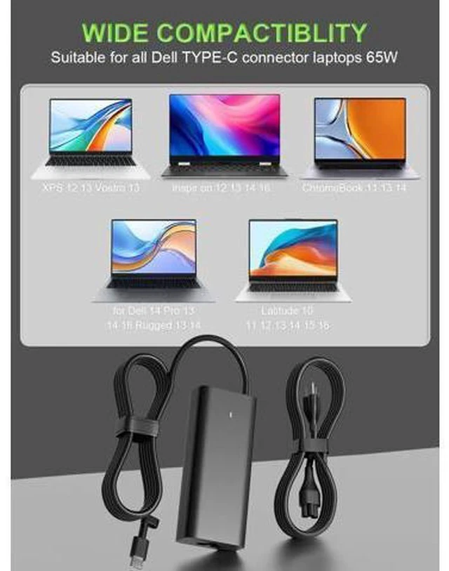 Alt view image 3 of 7 - 65W USB C Charger Compatible with Pro 13 14 16 Xps 12 13 9315 7390 inspiron-7306 5620 5310 Chromebook 3100 3110 Latitude 5410 5330 5420 5440 5450 7410 7400 Laptop
