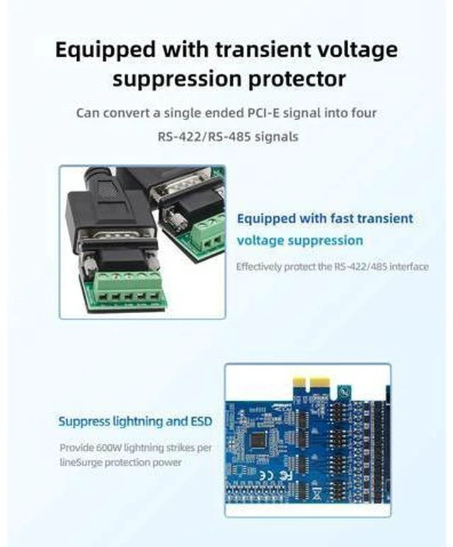 Alt view image 4 of 7 - PCIe to 4-Port RS-485/422 Serial Card, High-Speed 9-Pin DB9 COM Port Expansion with Surge/Lightning Protection, Voltage Suppression Terminal Blocks