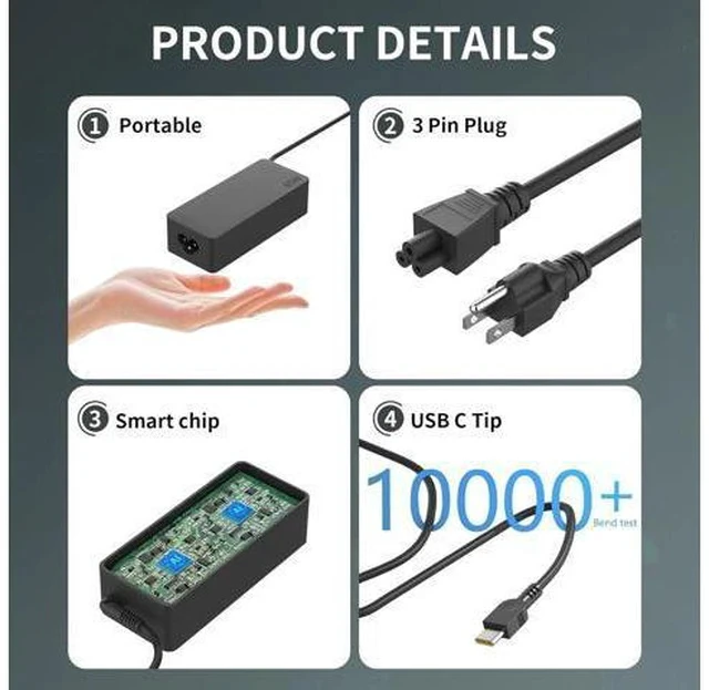 Alt view image 4 of 7 - 65W USB C Type c AC Charger Compatible with ThinkPad E580 E585 E590 E590S E595 T480 T490 T580 Yoga C940 C740 thinkbook ADLX65YCC3A Laptop Power Supply Adapter Cord