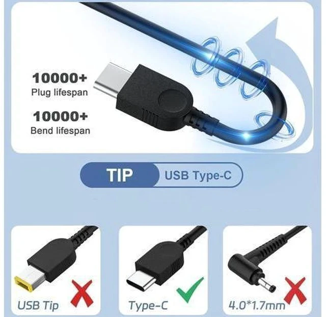 Alt view image 2 of 7 - 65W USB C Type c AC Charger Compatible with ThinkPad E580 E585 E590 E590S E595 T480 T490 T580 Yoga C940 C740 thinkbook ADLX65YCC3A Laptop Power Supply Adapter Cord