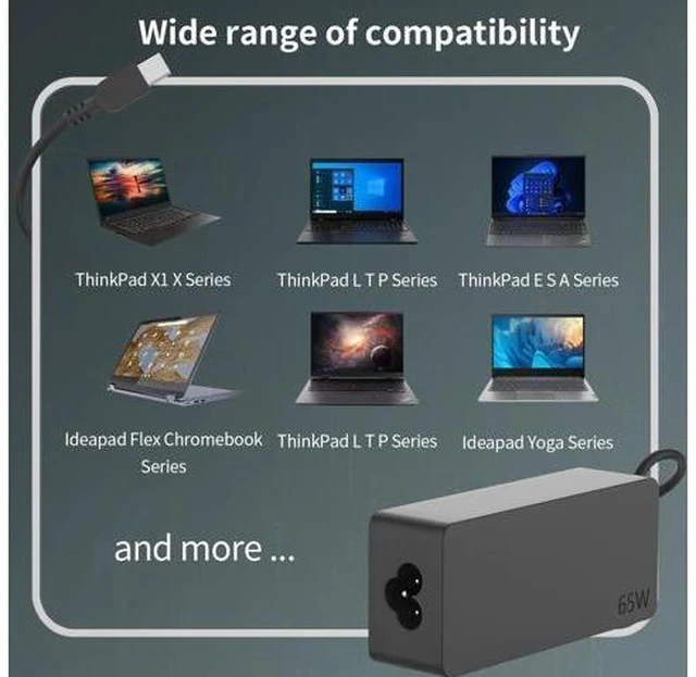 Alt view image 6 of 7 - 65W USB C Type c AC Charger Compatible with ThinkPad E580 E585 E590 E590S E595 T480 T490 T580 Yoga C940 C740 thinkbook ADLX65YCC3A Laptop Power Supply Adapter Cord