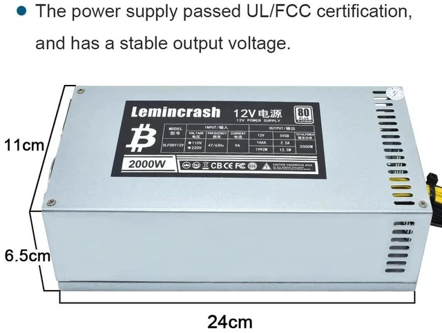 Alt view image 2 of 5 - 12V 166A AC110-240V 10x6pin 2000W PSU,for Bitmain Antminer S9 S7 L3 BTC LTC ETH Mining Power Supply