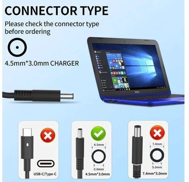 Alt view image 3 of 7 - 45W Round Tip Laptop Charger Fit for Inspiron 13 14 15 3000 5000 7000 Series 15-3552 3555 3558 3565 3567 5551 5552 5555 5558 5559 DA45NM140 LA45NM140 19.5V 2.31A AC Adapter Power Cord