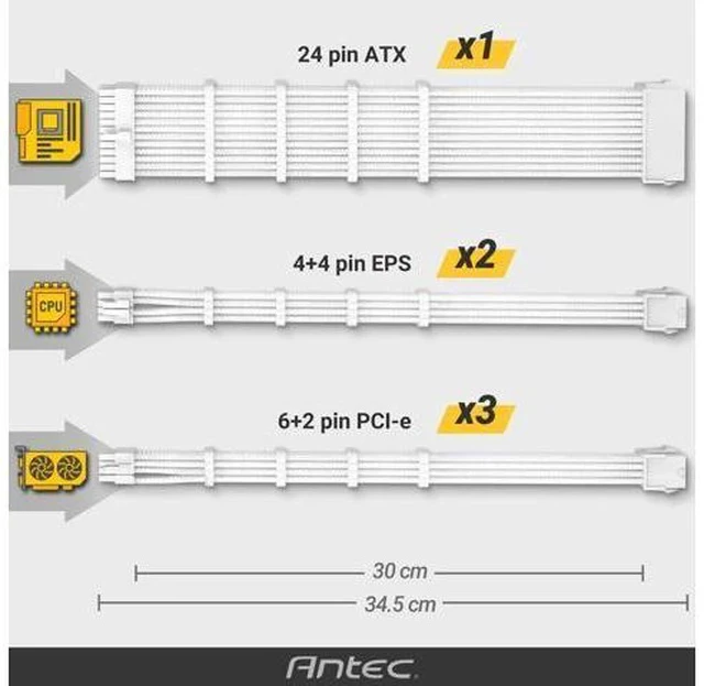 Alt view image 7 of 7 - Antec Power Supply Sleeved Cable, PSU Extension Cable Kit / 1x24pin ATX / 2x8pin (4+4) EPS / 3x8pin (6+2) PCI-E, 30cm Length with Combs, Dual EPS White (White Connector)