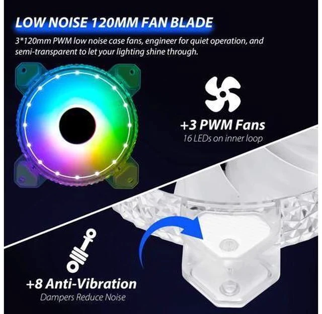 Alt view image 4 of 5 - 3 Pack RGB Case Fans,120mm Ultra-Quiet RGB Chassis Cooling Fans,Equiped with Remote Control Hub,5V ARGB Sync,Speed Adjustable Colorful Cooler,Crystal Appearance, High-Performance Computer Fan for Case