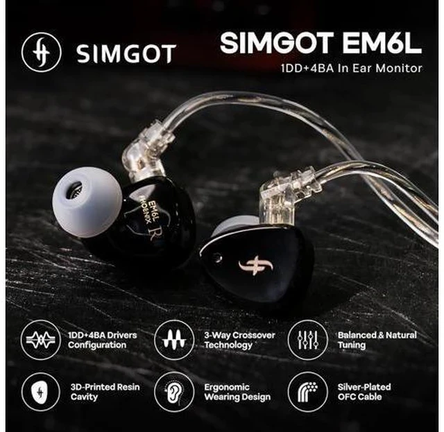 Alt view image 2 of 7 - SIMGOT EM6L 1DD + 4BA Hybrid Driver in-Ear Monitor, Gaming Earbud, HiFi IEM Earphone with 3D-Printed Resin Housing, Detachable OFC Silver-Plated Cable for Musician Audiophile
