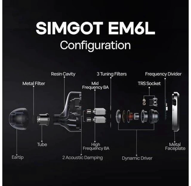 Alt view image 3 of 7 - SIMGOT EM6L 1DD + 4BA Hybrid Driver in-Ear Monitor, Gaming Earbud, HiFi IEM Earphone with 3D-Printed Resin Housing, Detachable OFC Silver-Plated Cable for Musician Audiophile
