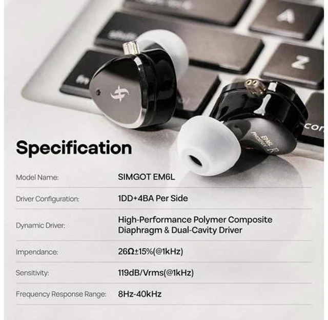 Alt view image 7 of 7 - SIMGOT EM6L 1DD + 4BA Hybrid Driver in-Ear Monitor, Gaming Earbud, HiFi IEM Earphone with 3D-Printed Resin Housing, Detachable OFC Silver-Plated Cable for Musician Audiophile