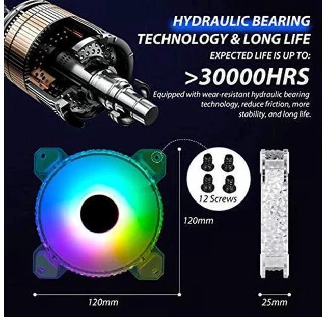 Alt view image 3 of 5 - 3 Pack RGB Case Fans,120mm Ultra-Quiet RGB Chassis Cooling Fans,Equiped with Remote Control Hub,5V ARGB Sync,Speed Adjustable Colorful Cooler,Crystal Appearance, High-Performance Computer Fan for Case