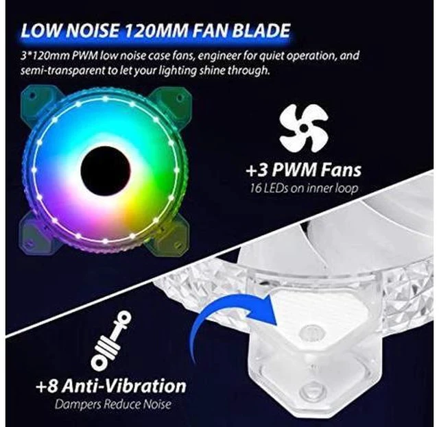 Alt view image 4 of 5 - 3 Pack RGB Case Fans,120mm Ultra-Quiet RGB Chassis Cooling Fans,Equiped with Remote Control Hub,5V ARGB Sync,Speed Adjustable Colorful Cooler,Crystal Appearance, High-Performance Computer Fan for Case