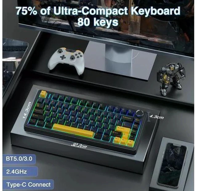 Alt view image 3 of 7 - AULA F75 Wireless Mechanical Keyboard, Gasket Hot Swappable Custom Keyboard + LEOBOG Reaper Switches