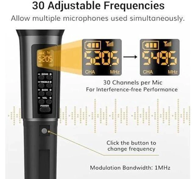 Alt view image 5 of 5 - TONOR Wireless Microphone with Treble/Bass/Echo, Dynamic Handheld Singing Mic with Receiver for Stage Wedding Karaoke Machine PA System Speaker Amp Mixer, 30 UHF Adjustable Frequencies, 200ft TW515