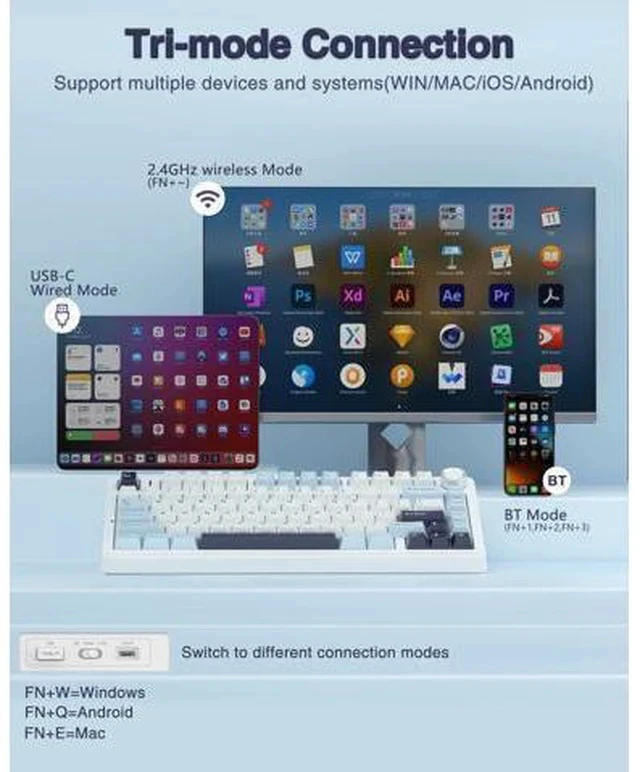 Alt view image 4 of 7 - AULA F75 Wireless Mechanical Keyboard, Gasket Hot Swappable Custom Keyboard + LEOBOG Reaper Switches