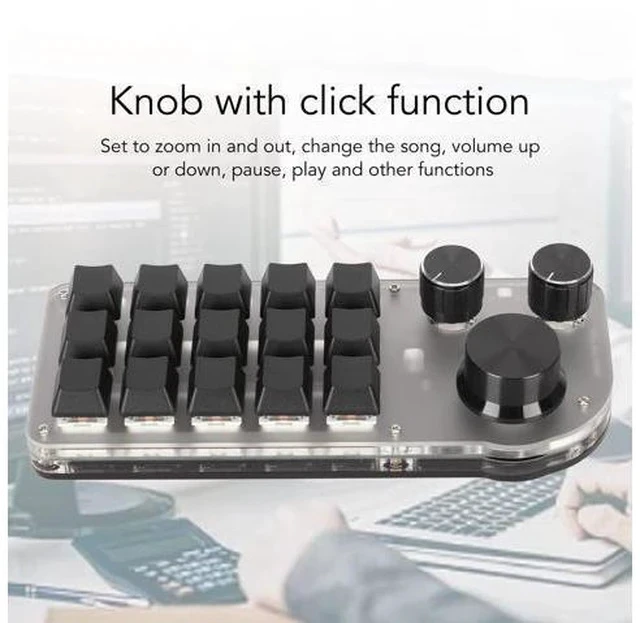 Alt view image 7 of 7 - One Handed Programmable Mechanical Keyboard, 3 Knobs 15 Keys Programming Macro Pad, Mini Keypad, Multifunction DIY Programmable Keypad